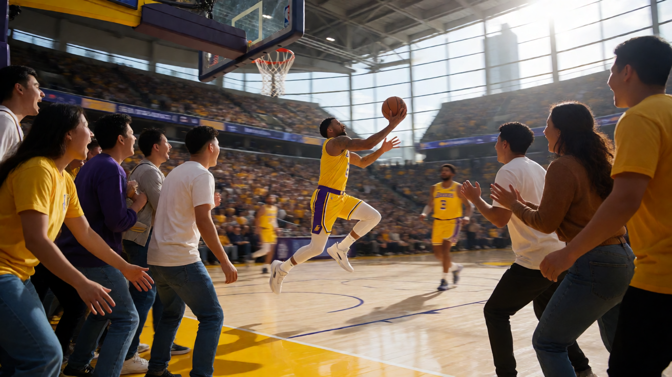 NBA常规赛现场，球员突破上篮瞬间